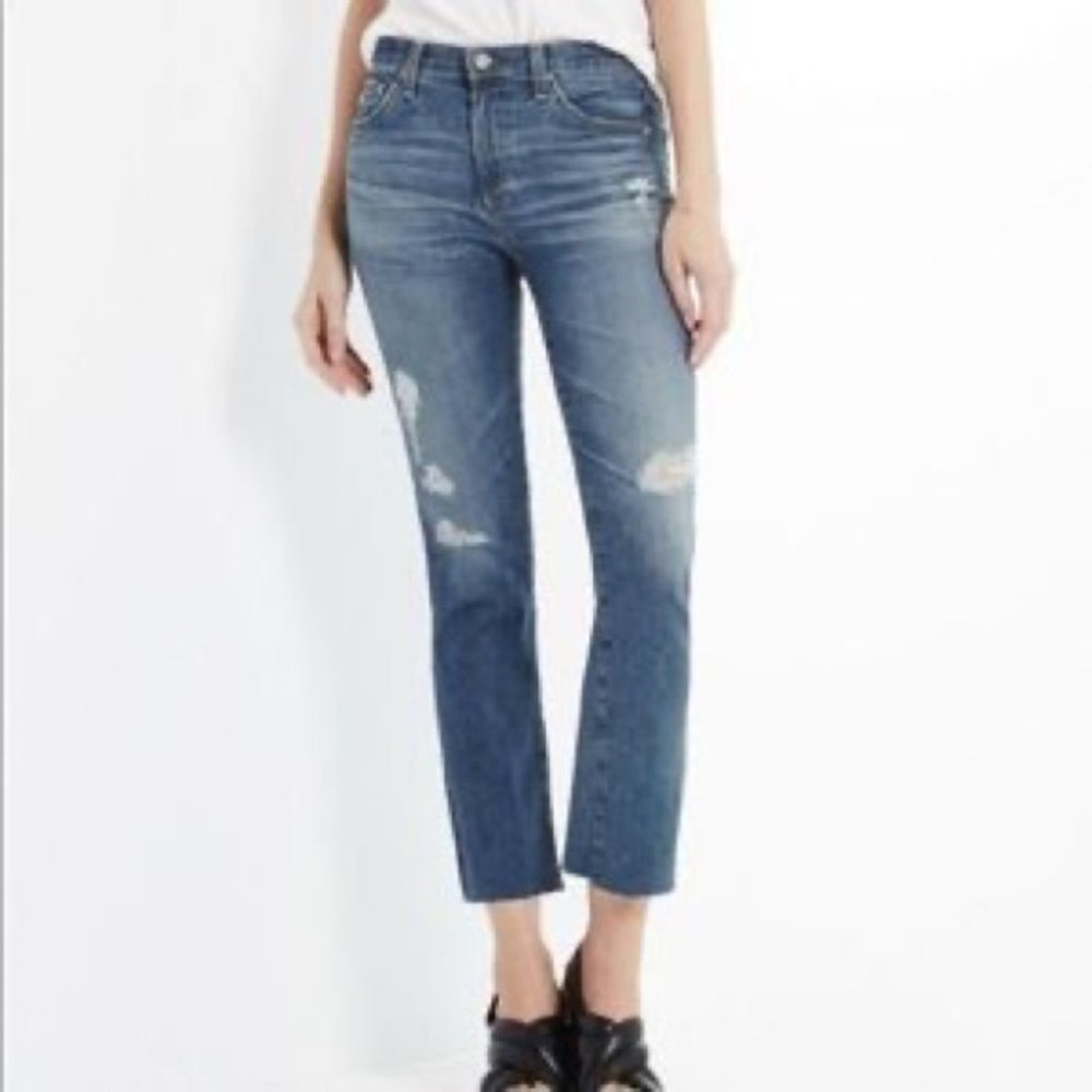 AG The Jodi High Rise Slim Flare Crop Distressed Jeans